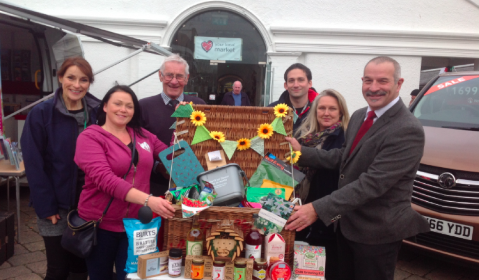 From left: Liz Jarvis, Devon County Council's (DCC) Senior Waste Manager; Hayley Corber; Councillor Ray Radford, Mid Devon District Council (MDDC) Member for Halberton and DCC Chairman; Pannier Market Manager Tom Nott (MDDC); Felicity Jones MDDC Recycling Officer; Councillor Duncan Wood, Chairman of the Devon Authorities Strategic Waste Committee, Exeter City Council.