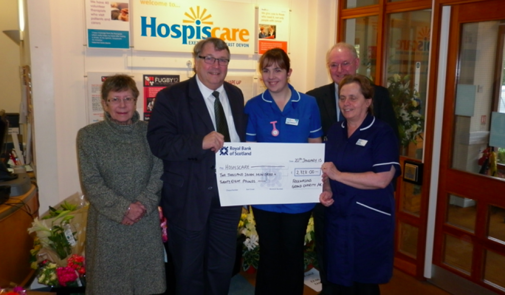 Rt. W. Bro. Ian Kingsbury with his wife Toni and Barry White the Provincial Charity Steward when he presented a similar cheque to Hospiscare nurses in Exeter in 2016.