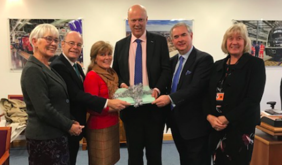 L to R: Councillor Jane Whittaker, Leader of Torridge District Council; Peter Heaton-Jones, MP Northern Devon; Councillor Andrea Davis, Devon County Council Cabinet Member for Infrastructure, Development & Waste; Rt Hon Sir Chris Grayling MP, Secretary of State for Transport; Geoffrey Cox QC, MP for Torridge & West Devon; Councillor Pat Barker, Deputy Leader of North Devon Council