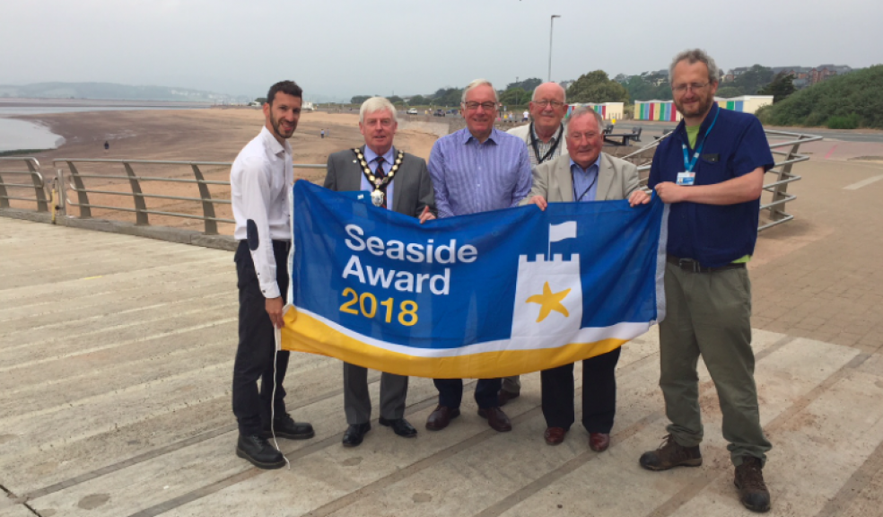 Exmouth Seaside Award: Nick Christo (East Devon StreetScene Area Manager), Cllr Jeff Trail (Mayor of Exmouth & County Cllr), Cllr Tom Wright (East Devon environment portfolio holder), Cllr Bill Nash (Exmouth Town Cllr for East Devon), Cllr Mark Williamson (East Devon ward member for Exmouth Littleham), Pete Blyth (Beach Safety Officer).