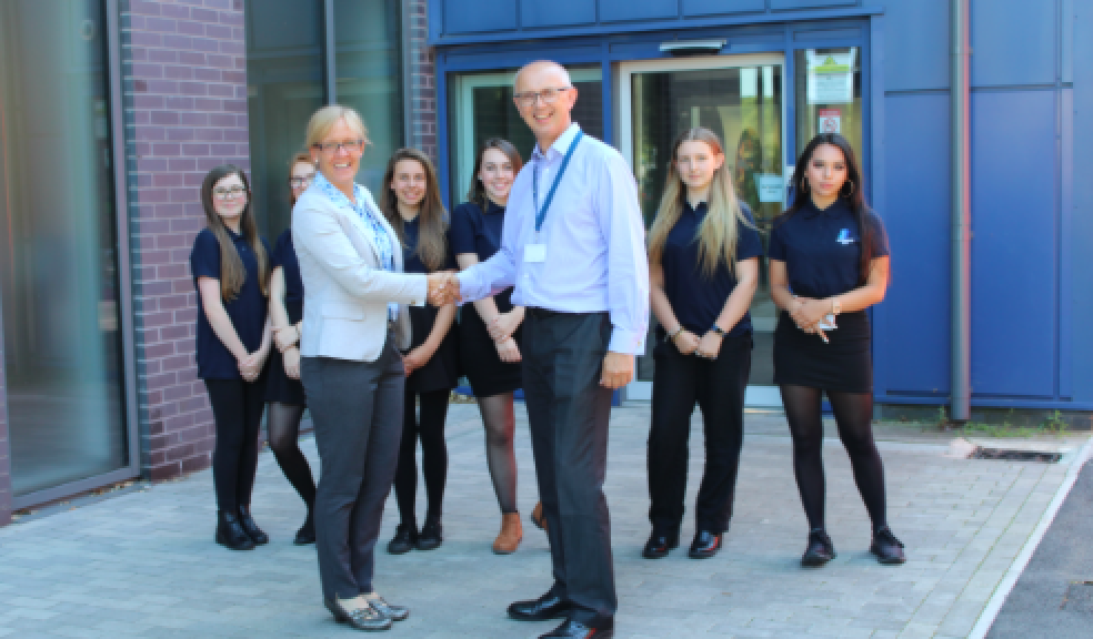Outgoing South Devon UTC Principal Ian Crews and ambassadors from College’s GIRLS IN STEM group welcome newly appointed Principal Claire Plumb.