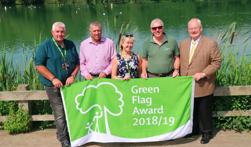 Decoy Country Park, Newton Abbot (left to right): Mark Payne, Teignbridge District Council's Grounds Maintenance Officer; Martin Hickman, Contract Manager Ideverde Community Open Spaces; Chrissie Drew, Teignbridge District Council's Green Spaces Project Officer; Simon Cunningham Teignbridge District Council's Community Ranger for Decoy Country Park; Cllr Philip Bullivant, Teignbridge District Council's Executive for Recreation and Leisure.