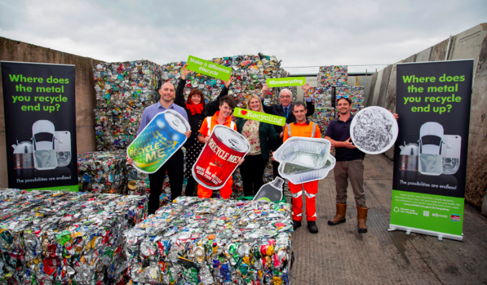 Metal Matters 4: Metal recycles forever! From left, Harry Mcleman, assistant contracts manager at SUEZ; Kate Cole, programme manager for MetalMatters campaign from Alupro; Laura Bennett, SUEZ crewperson; Nicola Jones, packaging recycling education manager from Tata Steel; Cllr Tom Wright, East Devon District Council’s Environment Portfolio Holder; Brian Moore, SUEZ crewperson and James Gatter, assistant site manager at SUEZ.