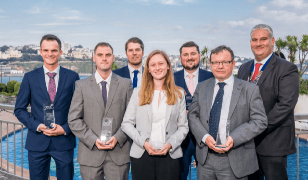 Proud winners from left to right: Jordan Anderson, Ashley English, Michael Wilcox, Anan Johnson Portales, Liam Derrick, Phil Howard and Jon Benton (Chairman, CECA South West).