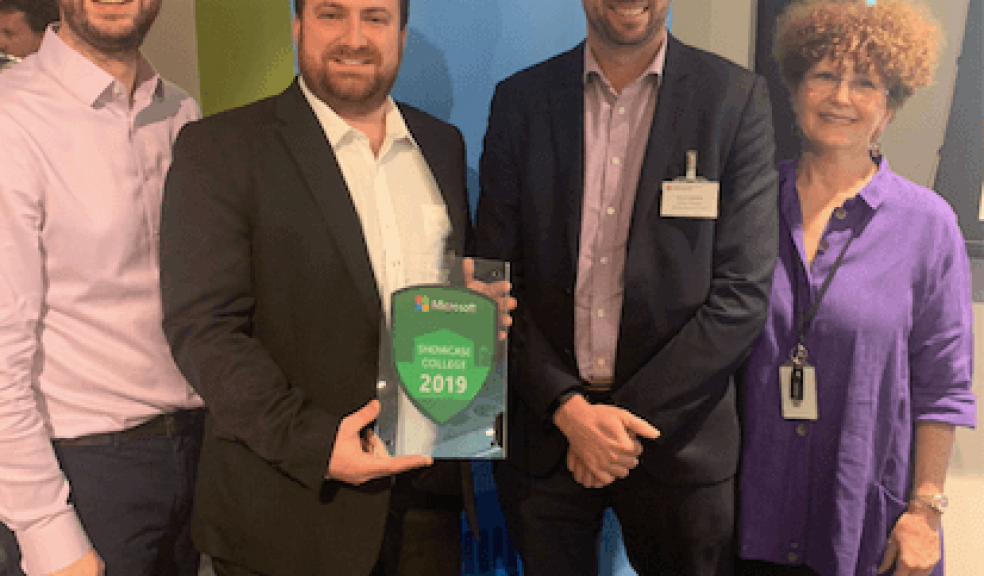 Exeter College Is Devon’s First Microsoft Showcase College – pictured are Anthony Martin and Steve Campion from Exeter College (centre) with Chris Rothwell, Head of Education, Microsoft UK, and Claire Riley, Microsoft FE lead.
