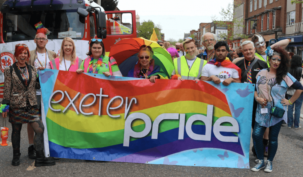 The Lord Mayor of Exeter and Exeter Pride trustees and the Mayor of Axminster before the march started. Photo: Alan Quick.