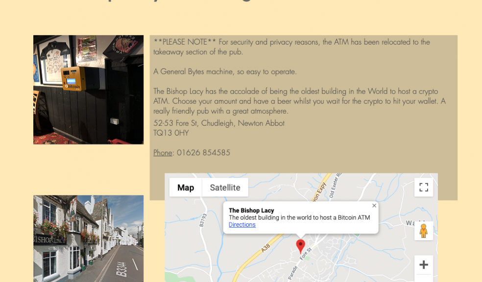The bitcoin ATM at the Bishop Lacy, Chudleigh