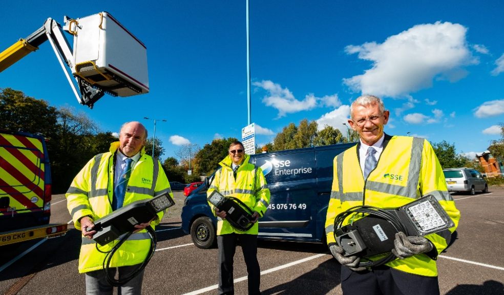 Photo left to right - Councillor Stuart Hughes, Cabinet Member for Highway Management, Chris Cranston, Devon County Council Highway Operations and Communications Manager, and Andy O’Connor, Director of Lighting Services at SSE ©Stuart Nicol Photography,