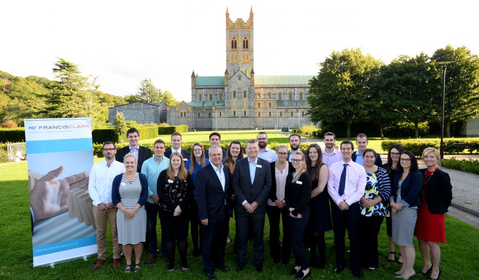 Class of 2016: The 19 new and recently qualified staff at PKF Francis Clark pictured with Andrew Richards, Managing Partner (front, third left); Chris Hicks, Partner (centre), Luci Coleman, Business Recovery Director, and Liz Cheaney, Director of HR (right). Photo: Andy Styles