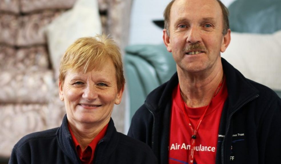 Sue Whitham with Paul May at the Devon Air Ambulance Trust Furniture and Electrical Charity Shop