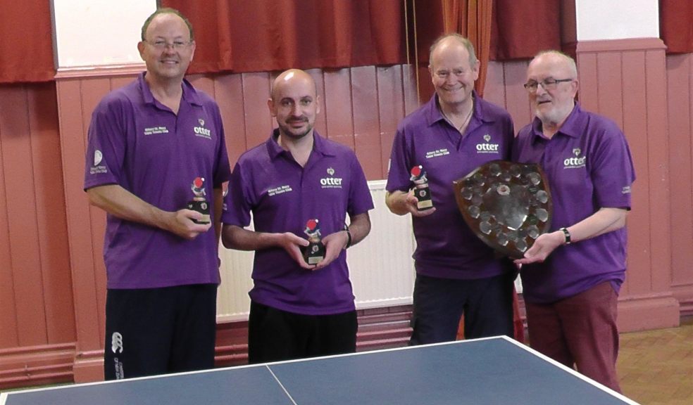 L-R Jeremy Broad, Guillaume Gaston, Chris Jones with League Chairman Bob Carylon Table tennis club team B