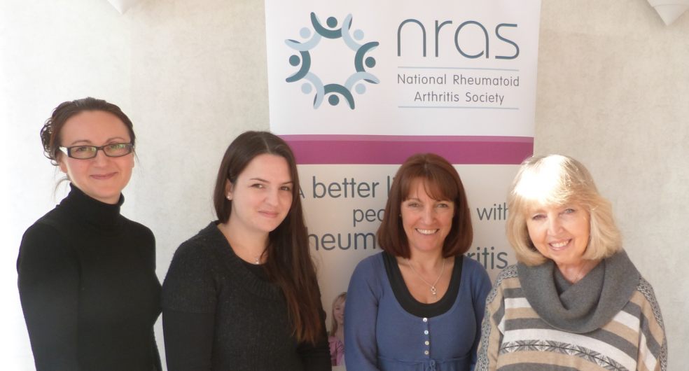 Tammy Mallowan, Victoria Butler, Val Eyre and Chief Executive of NRAS Alisa Bosworth celebrate the 4000th member of NRAS with cake at their offices in Maidenhead