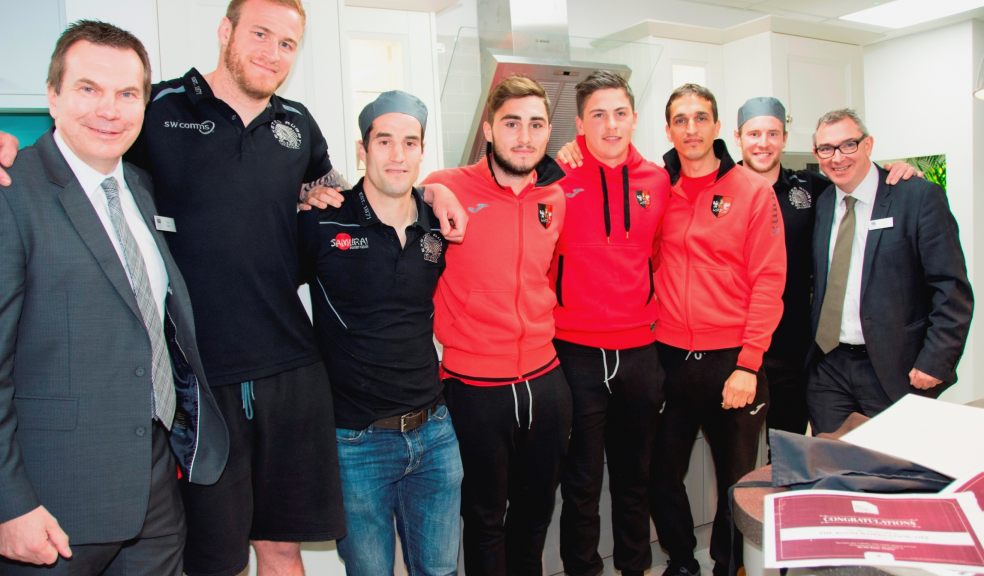 Left to right: Paul West, Branch Manager at RGB; Damian Welch, Exeter Chiefs; Haydn Thomas, Exeter Chiefs; Jordan Moore-Taylor, Exeter City; Christy Pym, Exeter City; Craig Woodman, Exeter City; Will Chudley, Exeter Chiefs and Kevin Fenlon, CEO at RGB Building Supplies.
