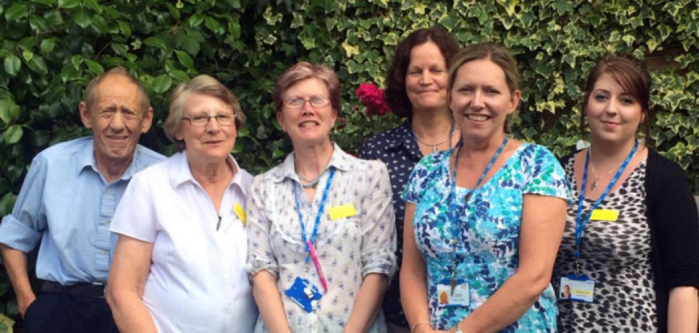 Staff from the Conybeare and Willow centres are ready to welcome visitors to the garden party at Axminster Community Hospital. Pictured are (from left) support workers David Willmott, Jeanette Ward and Patsy Westworth, registered nurse Suzie Edwards, team leader Gaynor Appleby and support worker Sam Over.