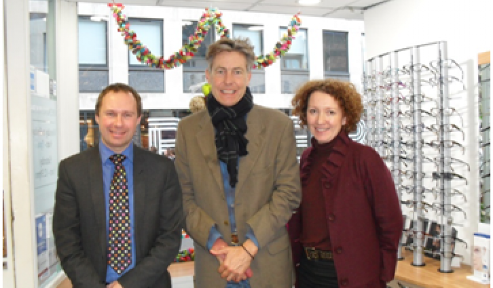 Left to right: Jonathan Drew, Business Manager Devon LOC, Ben Bradshaw MP and Nicki Pullen, Optometrist and Owner of Pullen and Symes Opticians Exeter