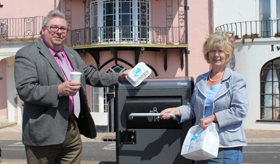 Trying one of Sidmouth’s new bins for size – two EDDC Town Ward Members Frances Newth and Peter Sullivan.