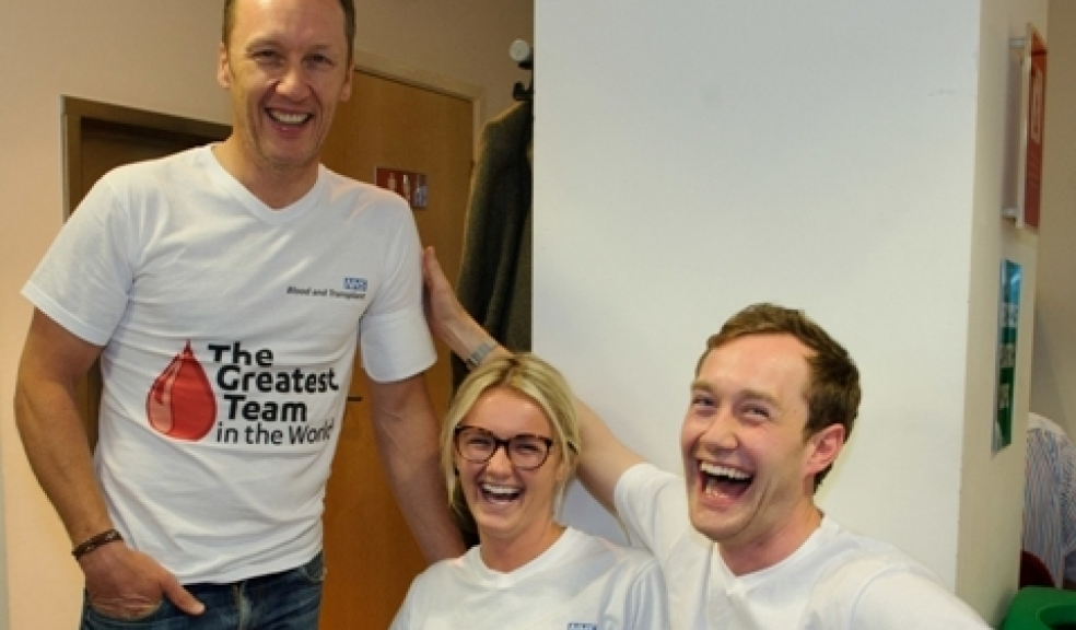 Lee Dixon with first time donors Emma Richardson and Thomas Wylie Davidson