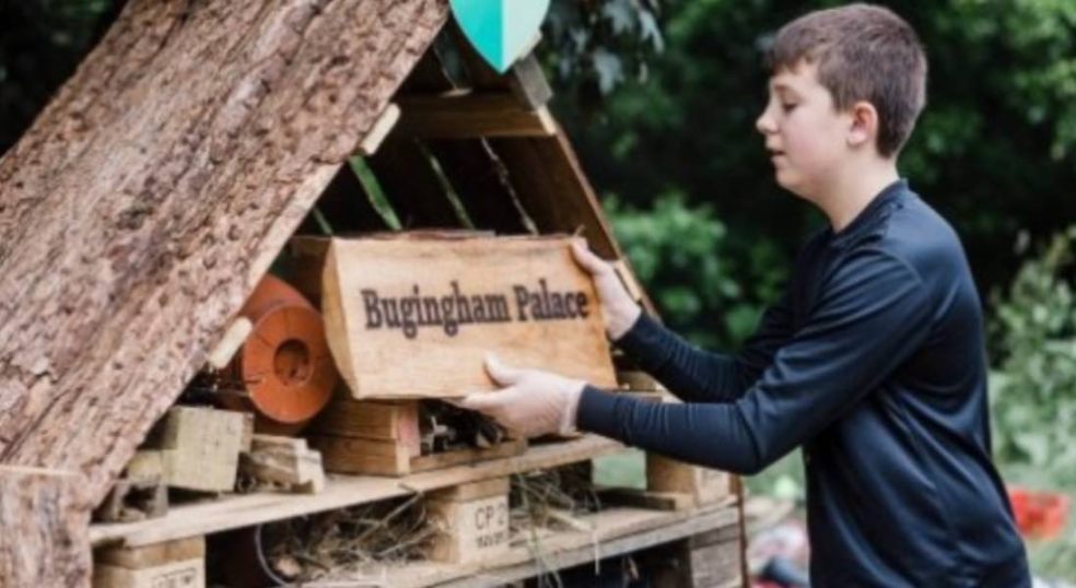 Photo: A boy puts the finishing touches onto 'Bugingham Palace' bug hotel in Melton Mowbray during last year's Great Big Green Week which will be partnering with the Climate Action Countdown month this year. 30 Let's Go Zero coalition members and partners will be providing a free range of activities suggested for schools to take part in during the month. Credit - Mark Chilvers and The Climate Coalition