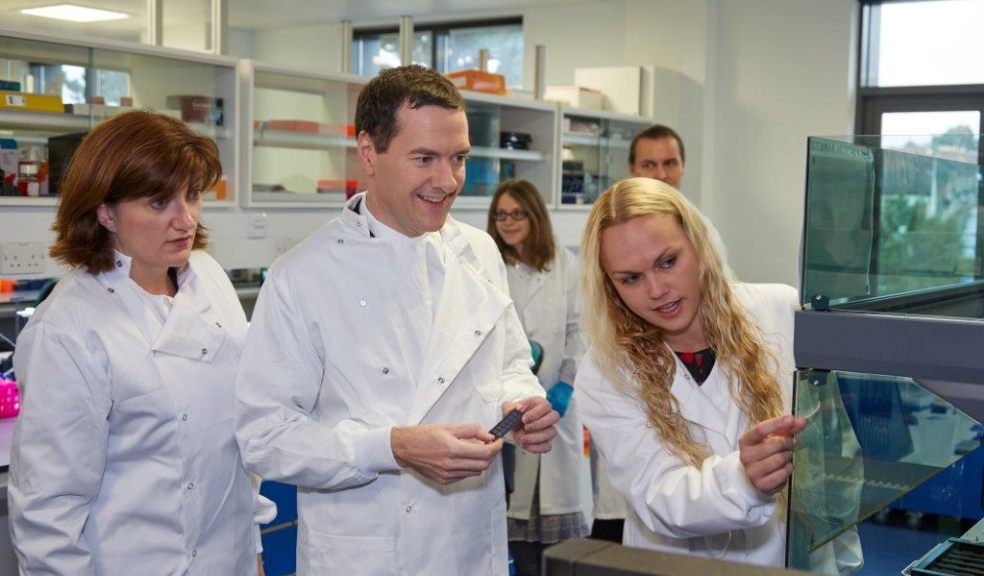 Chancellor George Osborne with Education Secretary Nicky Morgan and Dr Katie Lunnon, of the University of Exeter.