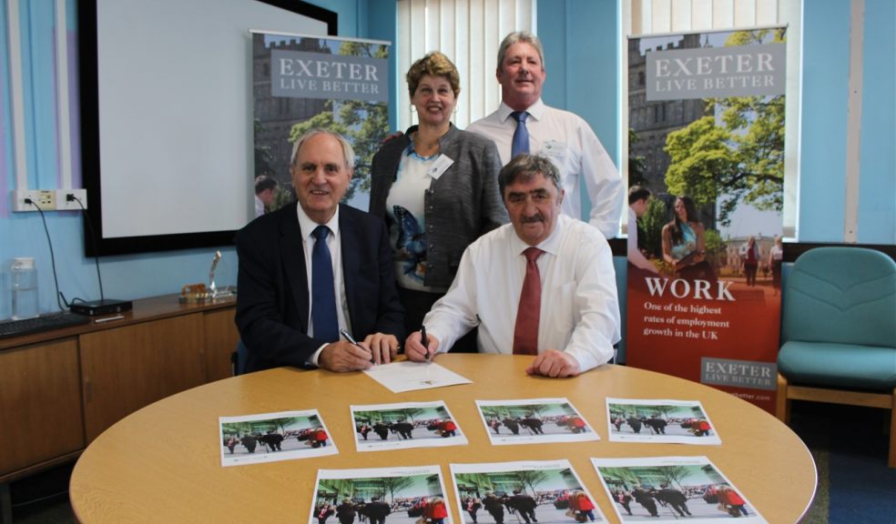 DCC Leader John Hart (left), ECC Leader Pete Edwards (right). In background are local campaigner Marilyn Lant and Steve Hyde for RNIB