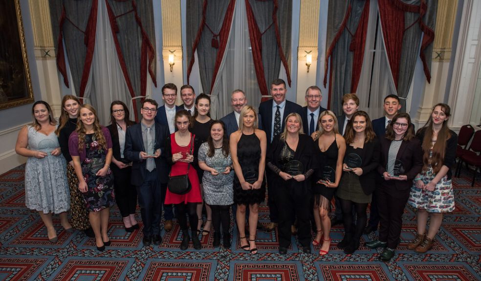 Outstanding Student Achievements Celebrated at Exeter College Awards: Pictured from left to right:Nicola Wood, Abbie Densham, Eleanor Harvey, Emily Piper, Harry Sewter, John Brimicombe, Silvia Christoforou, Oliver Daw, Lois Coram, Jessica Dennis, John Laramy (Exeter College Principal and Chief Executive), Natalie Hardwidge, Rob Baxter, (Exeter Chiefs Director of Rugby and Exeter College alumnus), Jane Horton, David Allen OBE (Chair of the Board, Exeter College), Keely White, Tom Burrows, Meagan Green, David Carver, Sophie West, Charlotte Atkinson.
