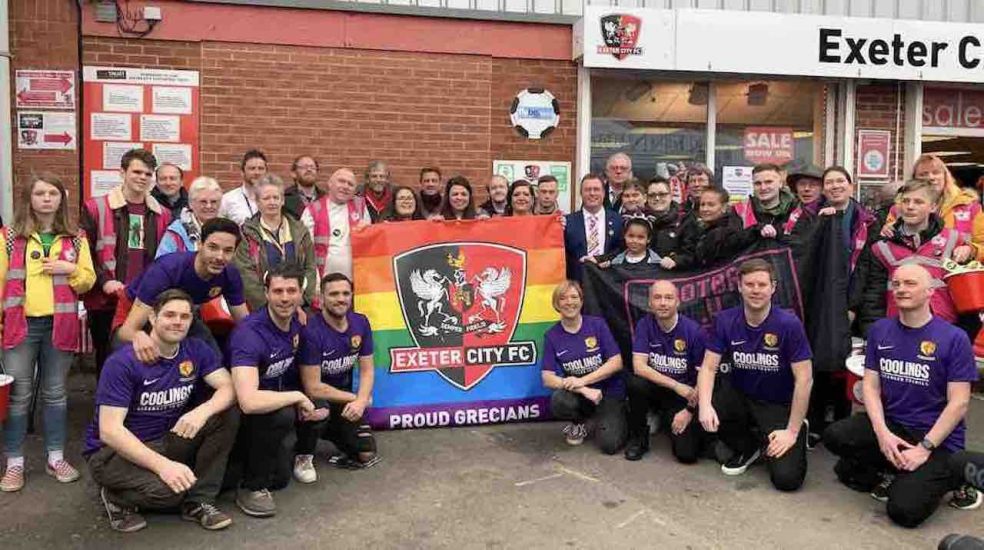 The Lord Mayor of Exeter and volunteers who helped with the Football v Homophobia campaigning at St James' Park, Exeter on Saturday, February 16.Exeter City took stand against homophobia for 10th year. Photo: Alan Quick.