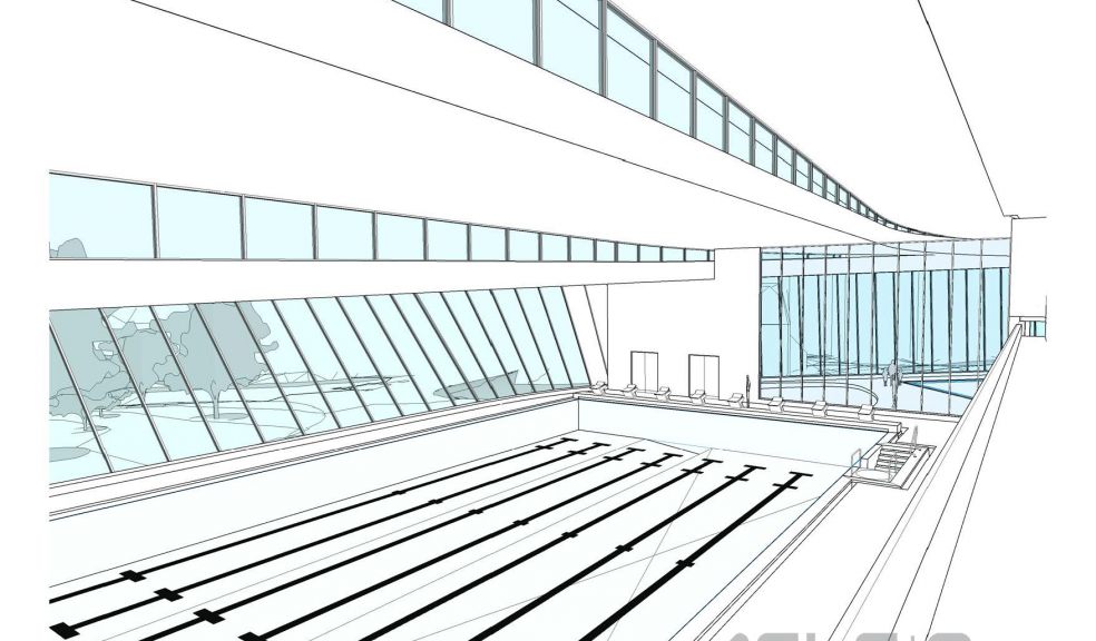 Upper ground floor looking down to 25m pool