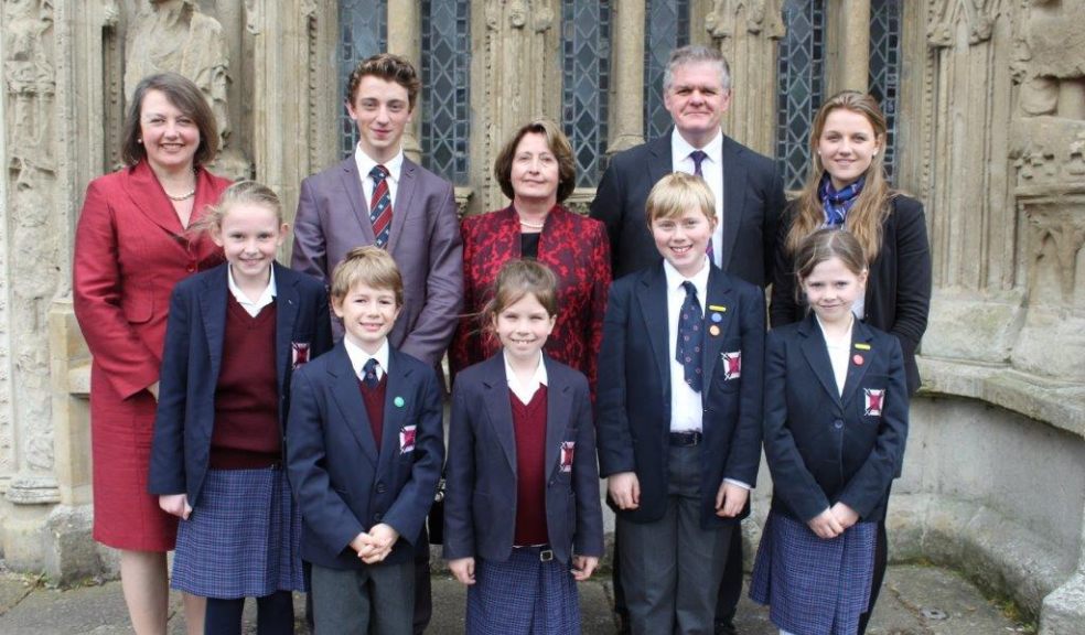 L-r: Headmaster of Exeter School Mr Bob Griffin, Headmistress of Exeter Junior School Mrs Alison Turner, Head Boy Michael Walker, Canon Carl Turner, Chairman of Governors Mrs Beverley Meeke, Bishop of Crediton, Right Reverend Nick McKinnel, Head Girl Katie Taverner and Exeter School Chaplain Mr John Allan.