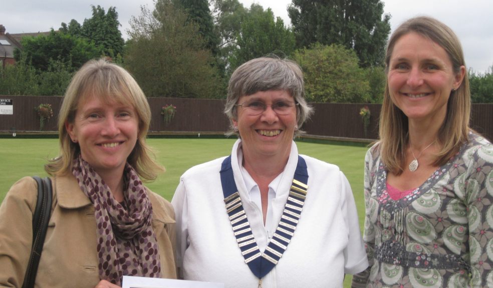 Kate Caldwell (centre), president of Exonia Bowling Club, presents the cheque to Sue Campling (left), Exeter therapy manager, and Claire Thomas, specialist physiotherapist