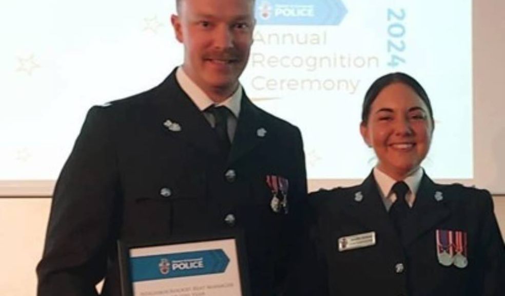 Photo caption: shows PC George House with Commander Jennifer Bristow