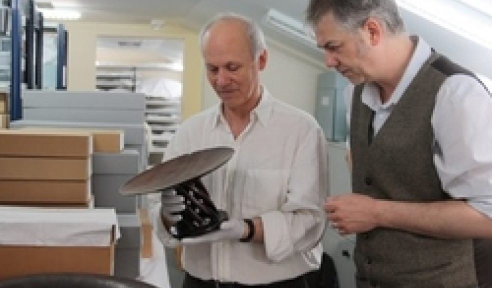 RAMM Curator of Ethnography, Tony Eccles, with Professor Steven Hooper, Director of the Sainsbury Research Unit for the Arts of Africa, Oceania & the Americas, look at a pre-Christian ceremonial bowl in the ethnography store