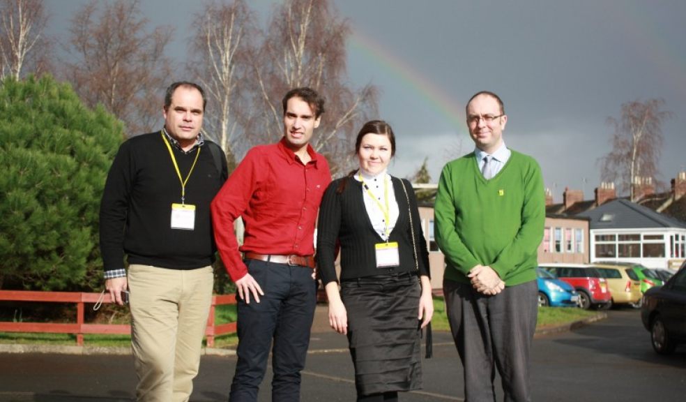 Stuart Busby, far right, with Jose Antonio Donaire, left, and Enrique Ruiz Cano from Andres Garcia Soler School and Olga Caplina from Rigas Klasiska gimnazija. Photo: Devon County Council.