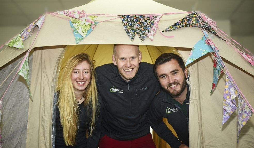 Getting ready for the free Tent Show at Westpoint, Exeter Gaby Fielding, Sales Assistant, Matt Bowen, Sales Assistant and Dom Dib-Holland, Customer Service Advisor from Taunton Leisure.