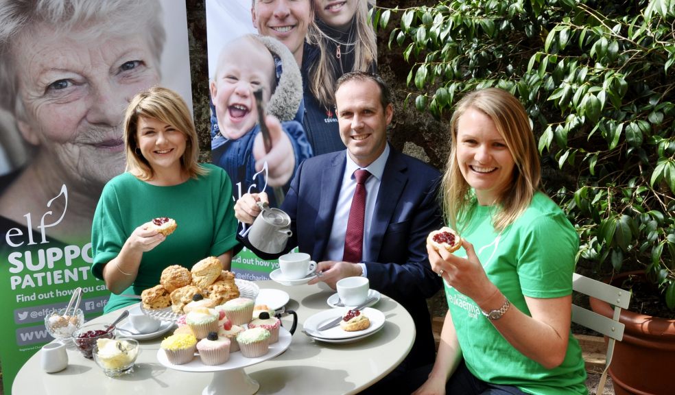 Rhiannon Cox & Jon Crompton of Brewin Dolphin enjoy a cream tea with Alison Upton – Fundraiser ELF at Cakeadoodledo!