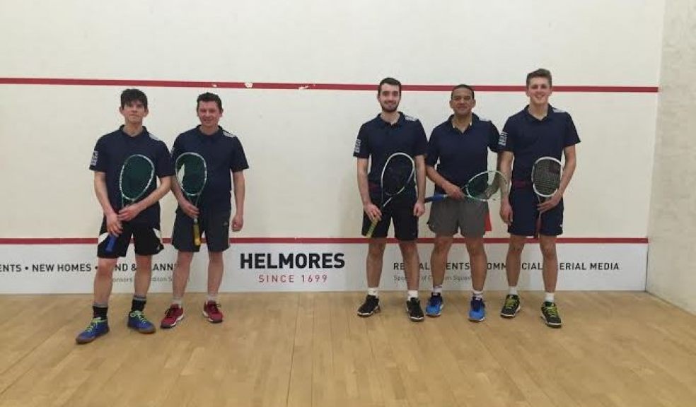 Crediton 2nd Squash team Left to Right Pete Harvey, Mike Trick, Ollie Coupe, Gerald Abdoll, Jake Griffiths.