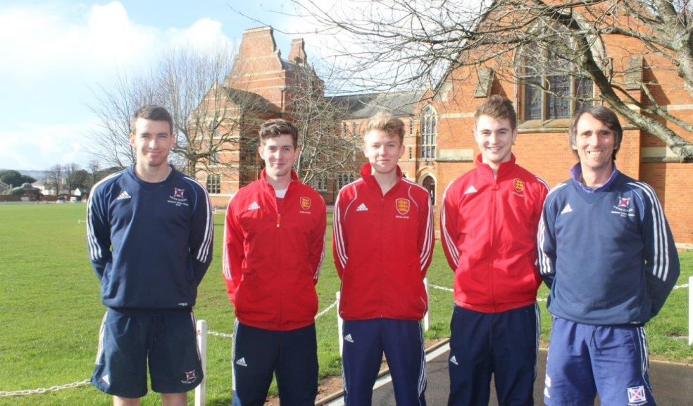 Hockey Teacher Mr Ed Jones, Tom Poustie, Will Marsh, Harry Skinner and Hockey Performance Coach Mr Graham Skinner.