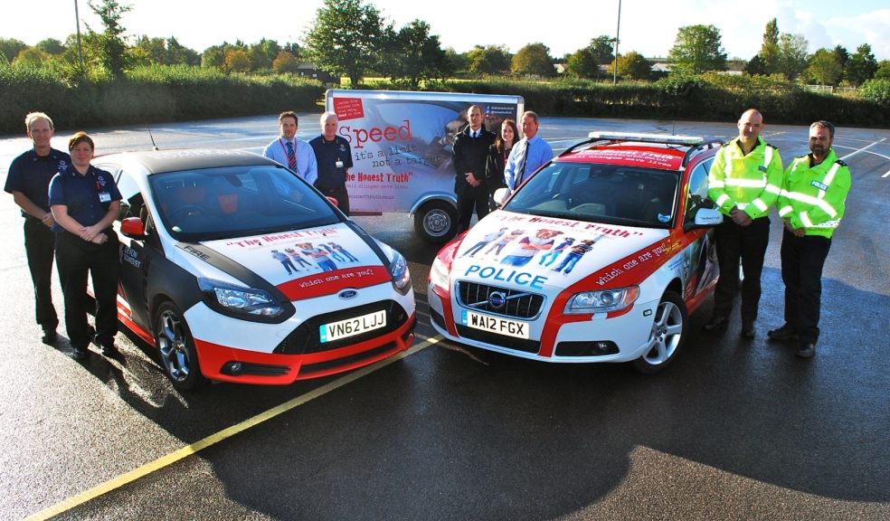Inspector Richard Pryce (far right) with the Devon and Cornwall Police and Devon & Somerset Fire & Rescue Service ‘The Honest Truth’ promotional vehicles. Also in the photo (L to R): Al Coxon – Group Manager (Devon & Somerset Fire & Rescue Service); Laura Vincent – Watch Manager (Devon & Somerset Fire & Rescue Service); Andrew Priest – Safer Travel Officer (Devon County Council); Rob Carlson – Station Manager (Devon & Somerset Fire & Rescue Service); Chief Supt’ Jim Nye (Devon and Cornwall Police); Rebecca Hewitt – Community Safety Manager (Dartmoor and South Devon Community Safety Partnership); Nigel Flower – Safer Travel Strategic Officer (Devon County Council); Sergeant Olly Tayler (Devon and Cornwall Police)