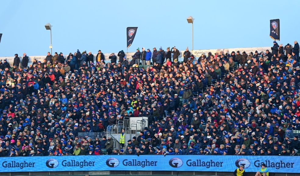 Picture of rugby fans watching premiership rugby Bach showing Gallagher branding