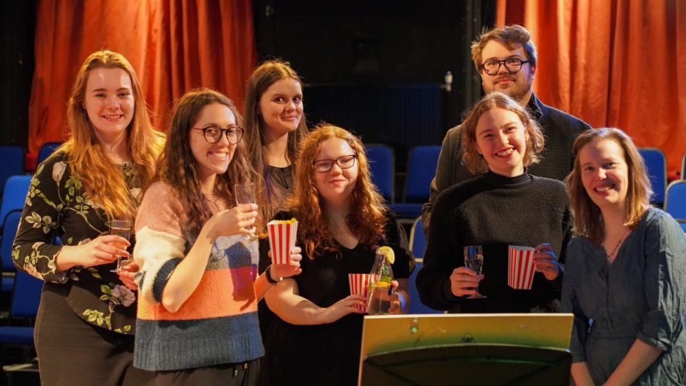 L-R, Students; Elly Lee, Margot Navellou, Meg Sharland, Bethany Downes, Mia Denitzen, Edward Gist and Hannah Goddaire (theatre manager). Photo: Elliott Morgan