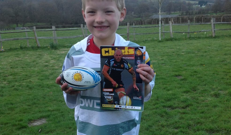 James with his shirt donated by Ian Humphreys and also some goodies from the Exeter Chiefs