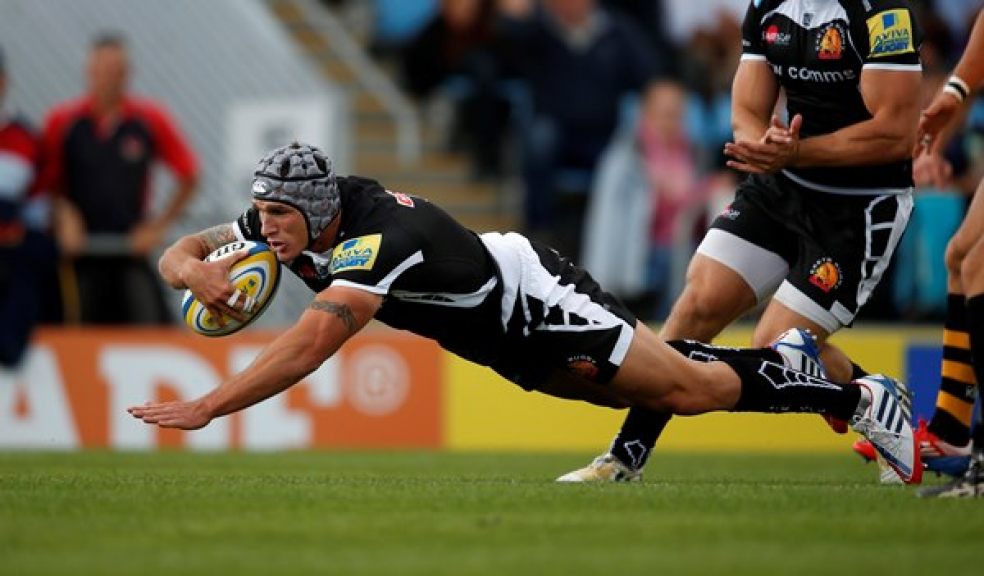 Tom James crosses for his opening try against Wasps Photo: Exeter Rugby Club/Pinnacle Photo Agency