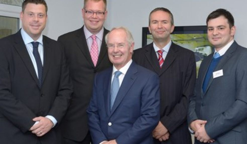 Sir Peter Rigby (centre), founder, CEO and Chairman of Rigby Group Plc with (l-r) Gavin Thompson, Sales Manager from GainJet, Chris Beer, Head of Corporate Aviation for Regional & City Airports; Matt Roach, Managing Director of Exeter Airport and Tim Rees, Senior Broker, Air Charter Service Inc.