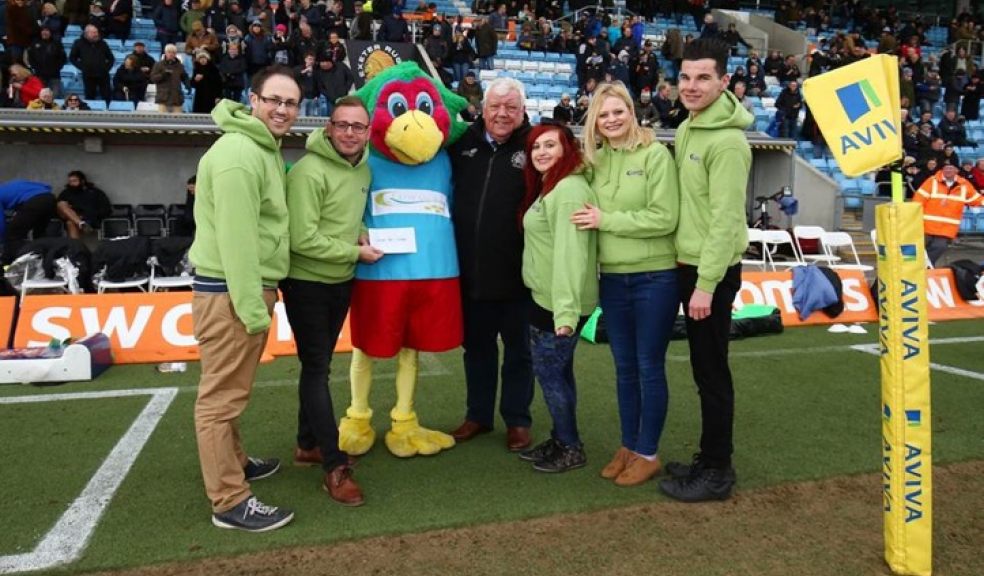 Left to right: Dan Shearing, Greg Crutcher, Pickles the Parrot, Emma Cooper, Rosie Walker and Jordan Mooney of Ladram Bay with Tony Rowe, of Exeter Chiefs and Exeter Foundation.