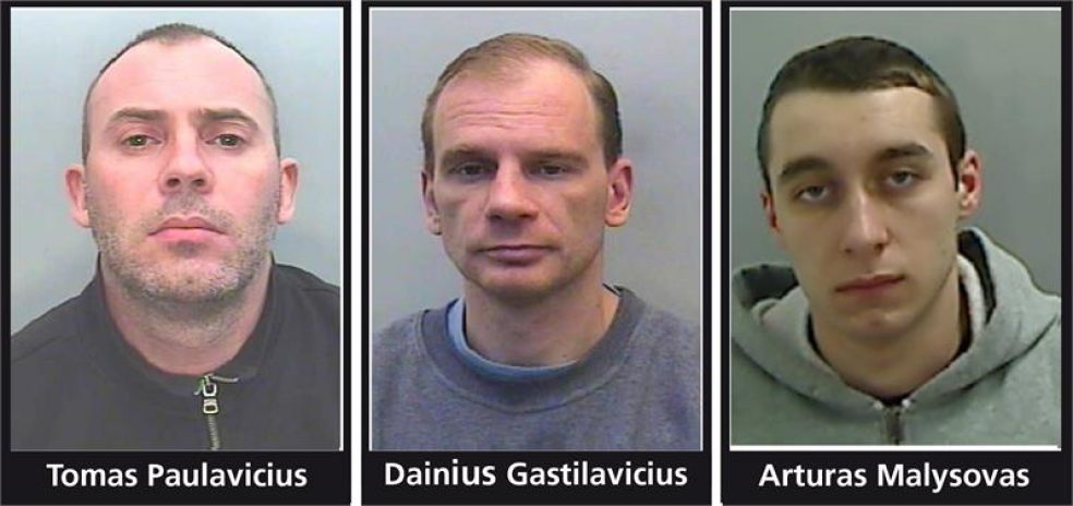 Tomas Paulavicius, 36 (pictured left), was sentenced to eight years in prison, Dainius Gastilavicius, 39 (centre), was given seven years, and Arturas Malysovas, 21 (pictured right), was sentenced to six years in prison.