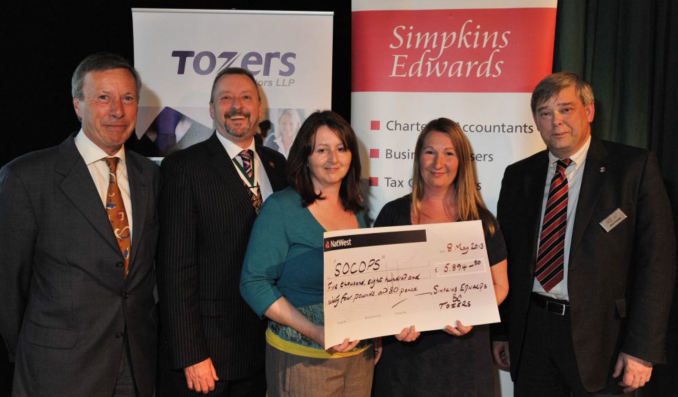 The cheque is presented: Graham Bond (Tozers Solicitors); Lord Mayor of Exeter, Councillor Rob Newby; Jayne Erten (SOCOPS), Sarah Berry (SOCOPS); John Coombs (Simpkins Edwards)