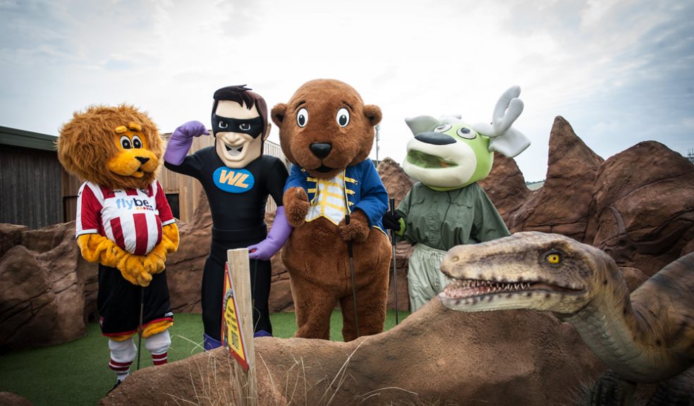 L-r: Grecian the Lion from Exeter City FC, Woodland’s Hero from Woodland’s Leisure Park, Ozzie the Otter from Ladram Bay and Angus from World of Country Life all prepared to take on the Jurassic themed course.