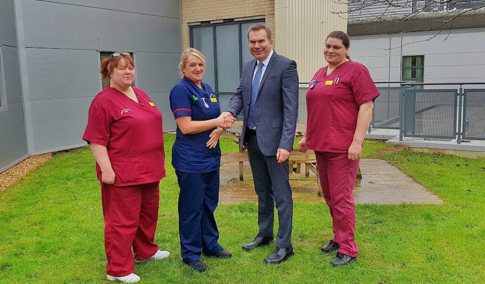 L-R: Diane Clist, Senior Physiotherapist for the Yealm Ward at Royal Devon & Exeter Hospital; Michele Richards, Matron for the Yealm Ward at Royal Devon & Exeter Hospital; Paul West, Branch Manager at RGB Exeter, and Lucie Hopkins, Rehab Support Worker for the Yealm Ward at Royal Devon & Exeter Hospital in the area that will be renovated.