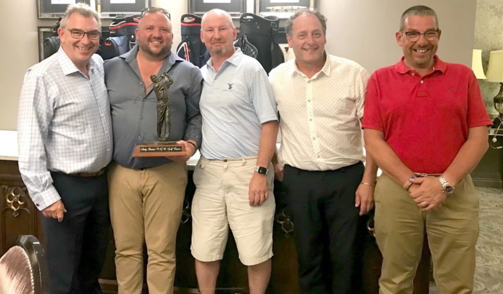 The team from The Room Works being presented with the Andy Shinner Trophy from RGB Building Supplies’ CEO Kevin Fenlon. From LtoR: Kevin Fenlon, Dean Clarke, Jim Leisk, Mike Jordan and Will Smith 