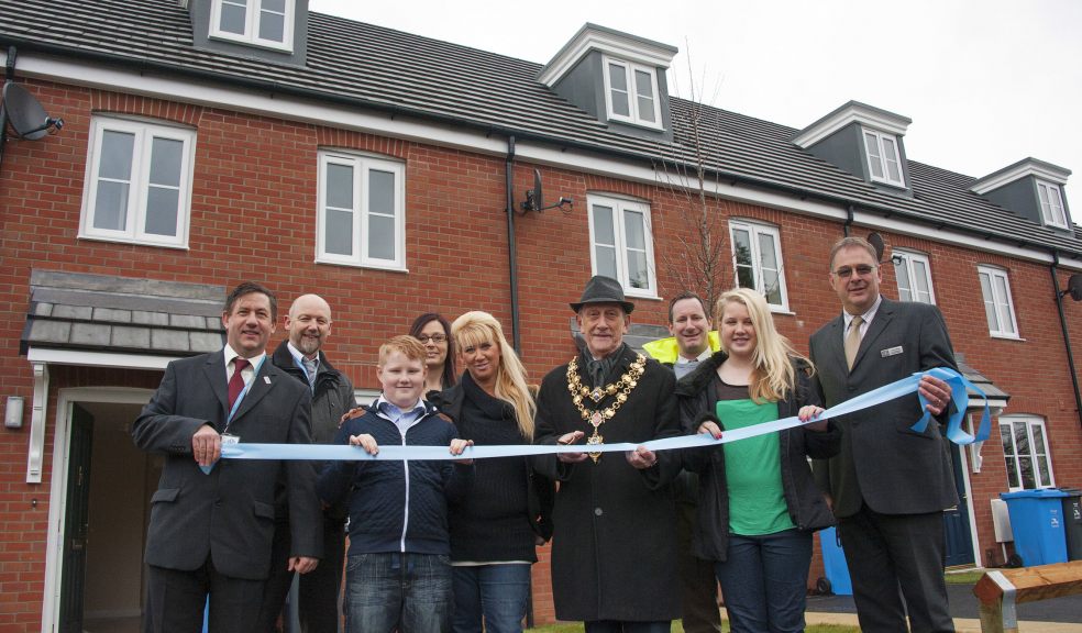 Photo caption : David Hood, PHP / Graham Prentice, PHP / Oakley Lennard, new resident / Kirstie Ellis, PHP / Rececca Lennard, new resident / Mayor of Poole, Cllr Peter Adams / Darryl Cursley, C.G. Fry / Keeleigh Lennard, new resident / Andy Durrant, C.G. Fry