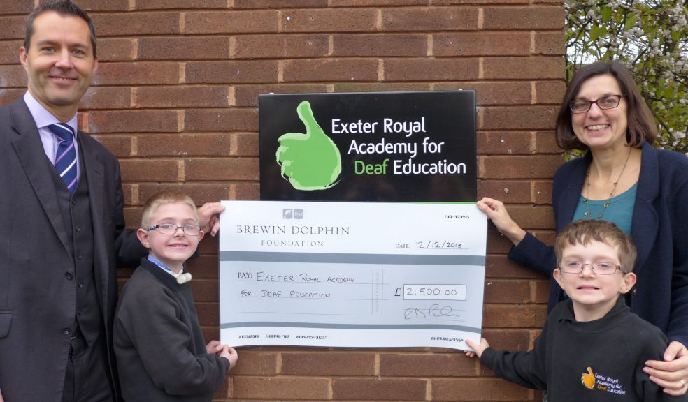 Richard Pike - Brewin Dolphin Head of Charities South and South West and Ros Way – Principal of Exeter Royal Academy for Deaf Education with Deaf Academy Primary Students Issac Wilson and Oliver Elliot-Chorley both aged ten